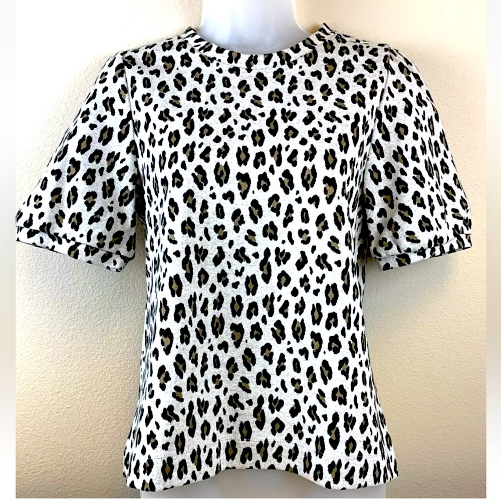 LOFT Top Animal Print Puff Short Sleeve Shirt Leopard Boxy Fit Size Cotton Blend